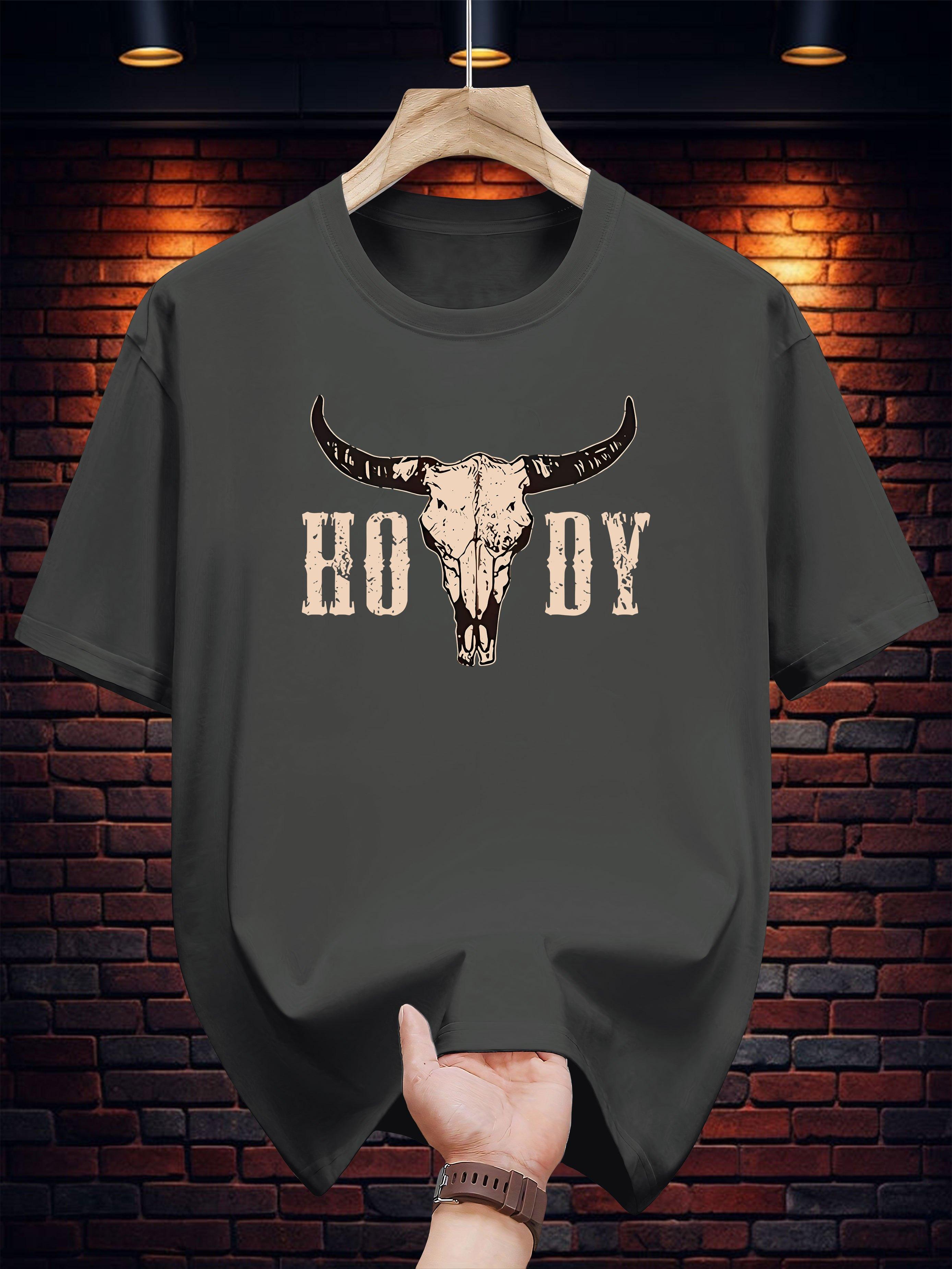 T-shirt with Distressed HOWDY Bull Skull Graphic Print - Navy Blue Casual Summer Tee L