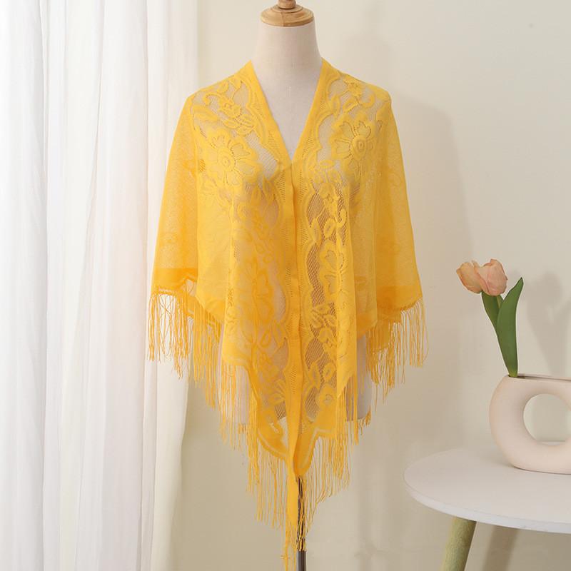 Summer Transparent Lace Flower Tassel Scarf Mesh Yarn Cheongsam Shawl Triangle Neck Scarves Neckerchief Head Scarf