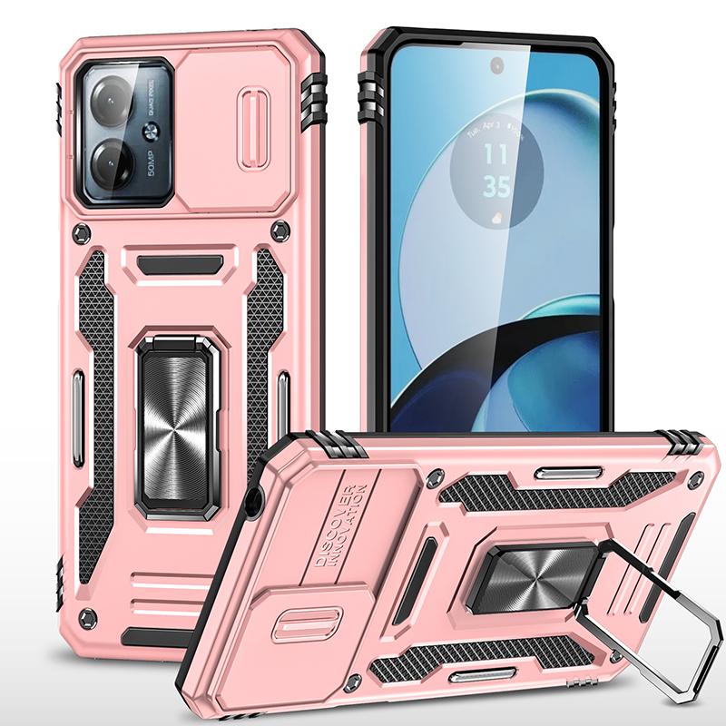 Armor Series For Motorola Moto G54 5G Case PC+TPU Kickstand Phone Cover with Slide Lens Protector