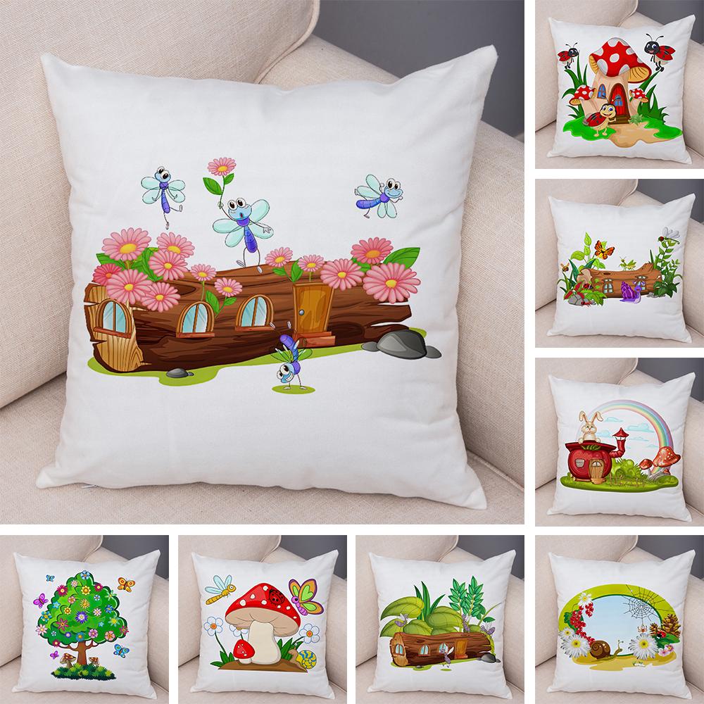 Cartoon Insect Mushroom House Cushion Cover Double Sided Soft Polyester Home Decor Pillow Case