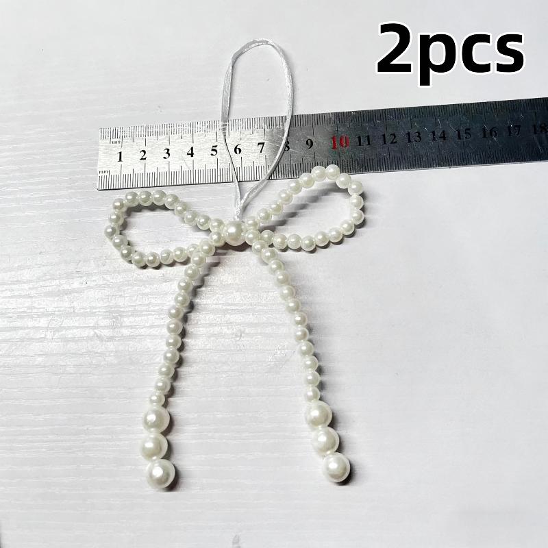 2/12Pcs Hand Woven Pearl Bow Christmas Ornament - Fringe Pendant Tree Decor, Holiday Party Girls Room Festive Decor Supplies