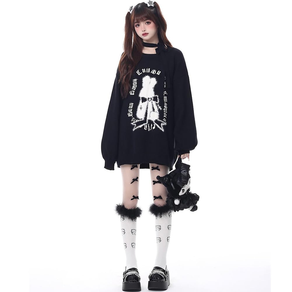 [SDSXZWG] Women's Long-Sleeved Sweatshirt with Print and Ribbon, Loose Fit, Stylish, Gal, Lolita, Cut and Sew Pullover, Schoolgirl Style, Commuting We