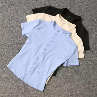 Women Summer Slim Yoga Tops Stand Collar Full Zipper Short Sleeves Shirts Solid Workout Clothes Gym Running Coats Lady Casual