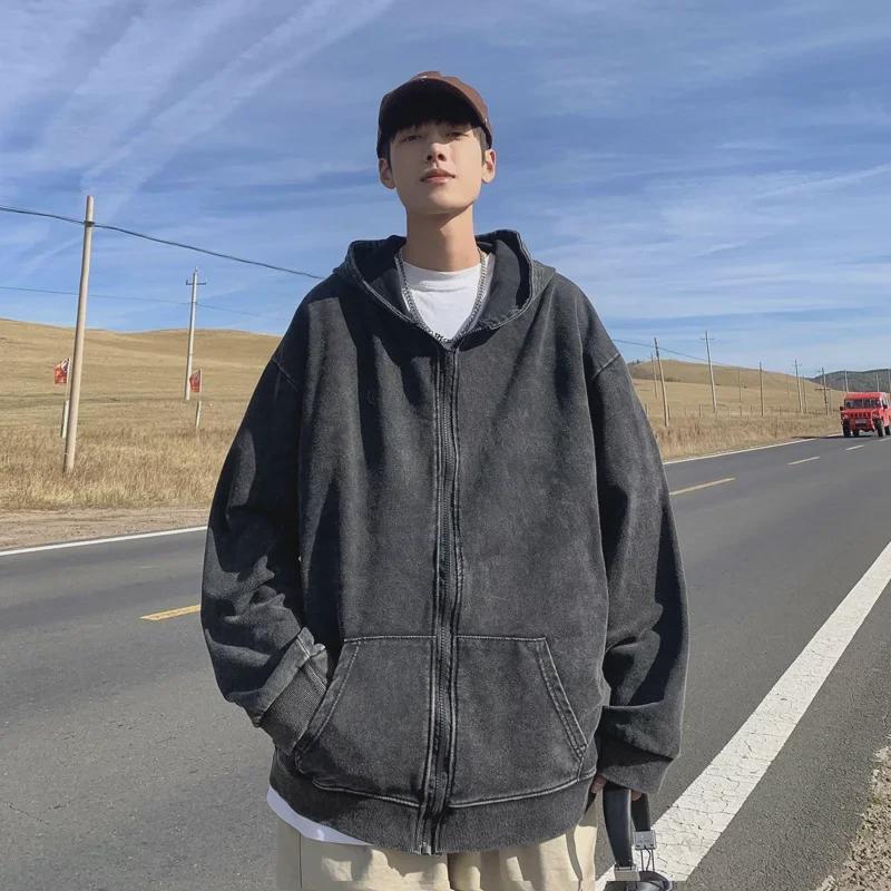 Men's American Retro Washed Distressed Cardigan Sweatshirt – Autumn/Winter High Street Trend, Heavyweight Hooded Jacket