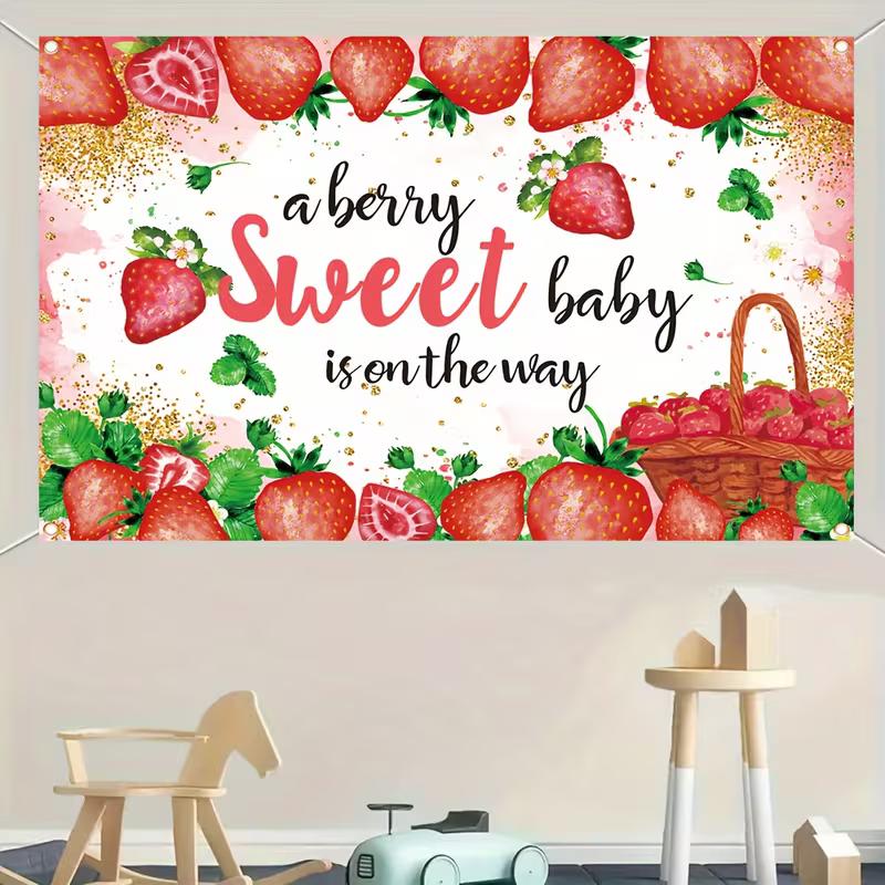 2D Glitter Strawberry Baby Shower Backdrop with Basket & Gold Confetti 47.2x31.5inch/120*80cm