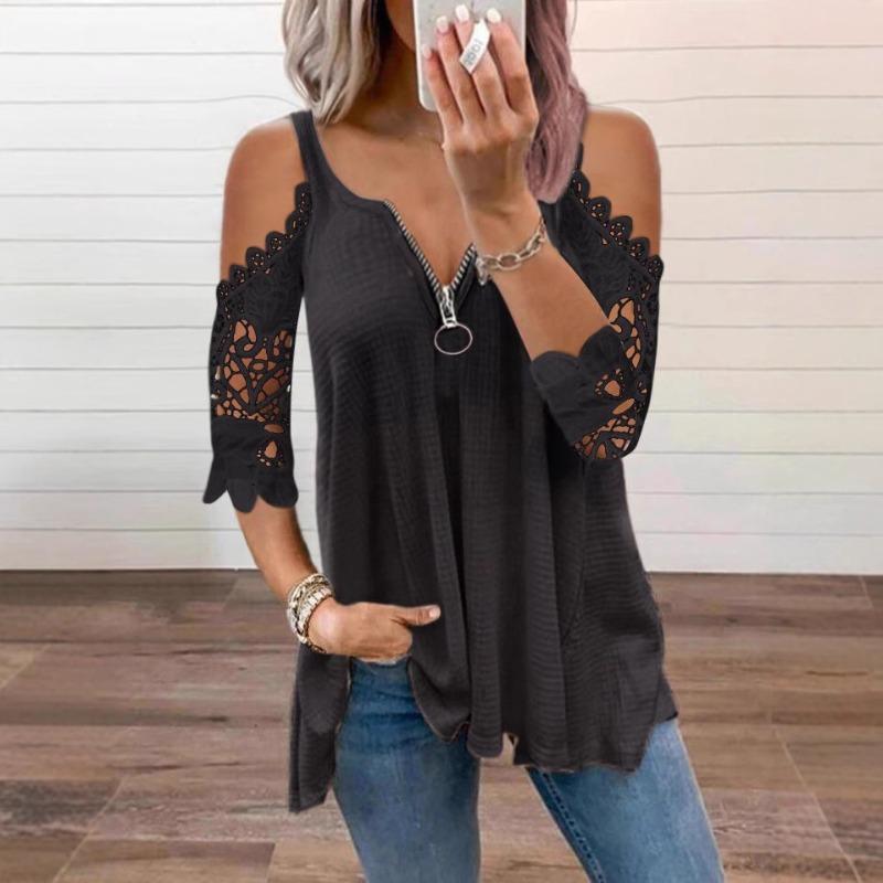 Off Shoulder Women Lace Blouse Summer Hollow Out Shirt Half Sleeve Zipper Casual Elegant V Neck Loose T Shirt