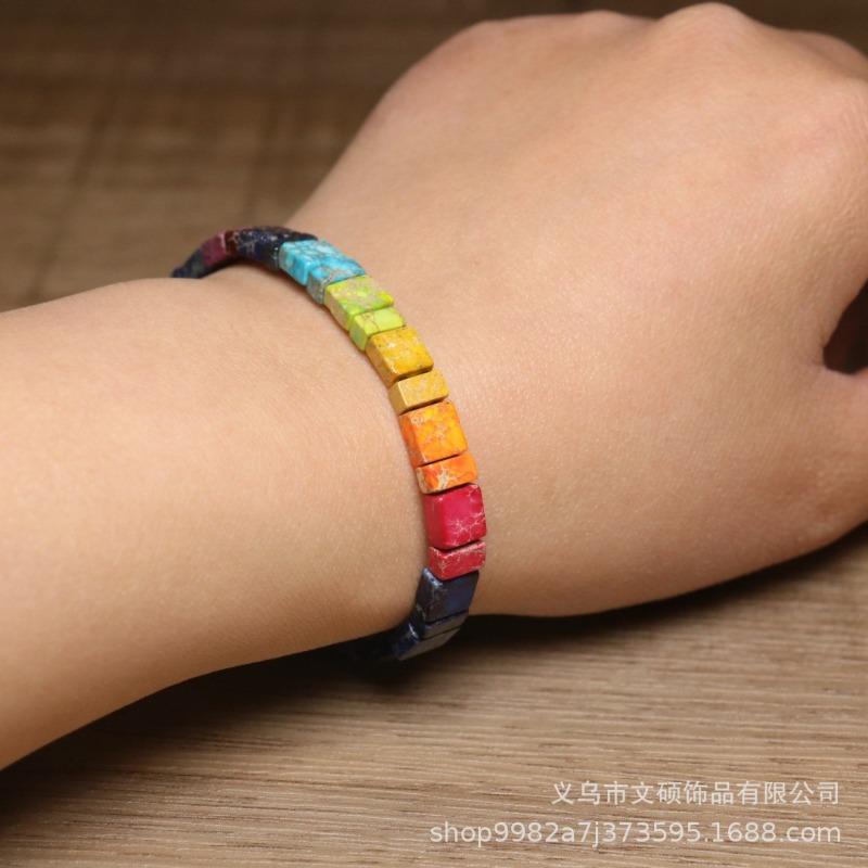 Rainbow Chakra Square Bead Bracelet – Adjustable Boho Jewelry, Energy Balance Joy Gift for Men & Women