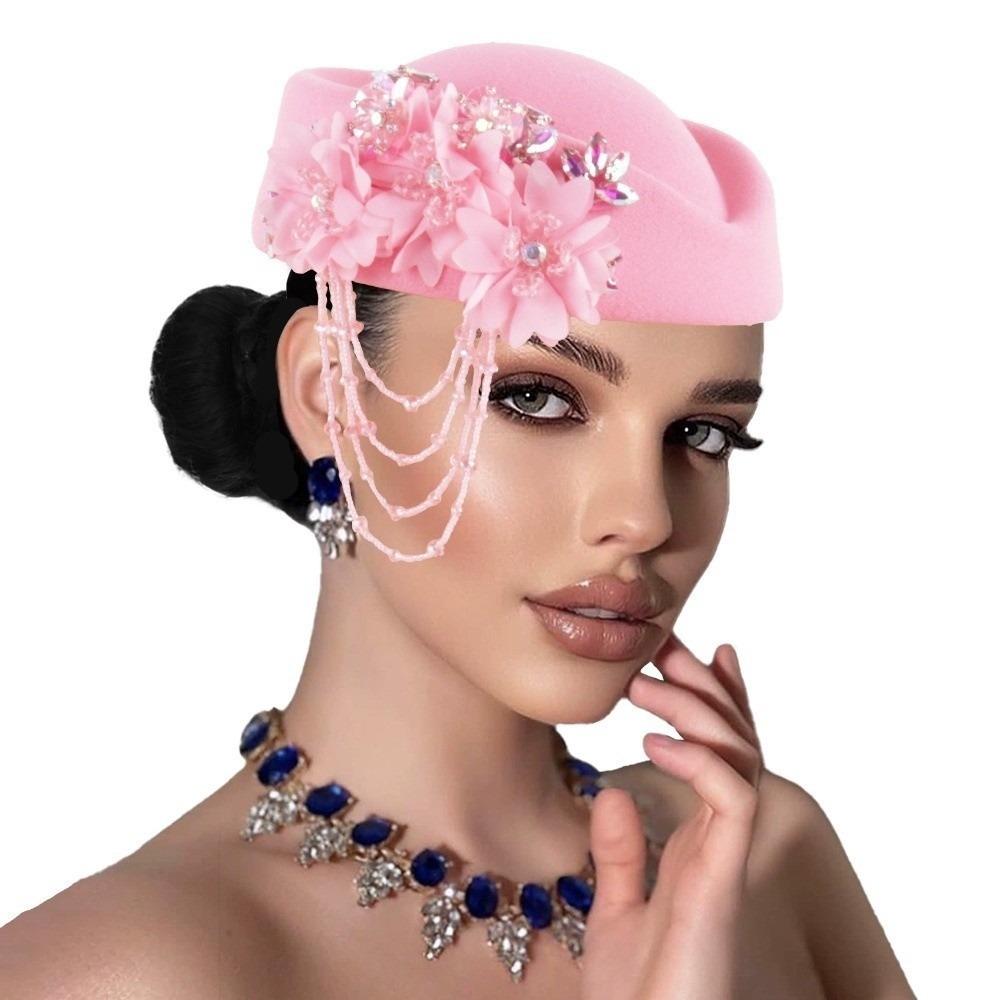 New Rhinestone Top Hat Cashmere Wool Casual Pillbox Hat French Vintage Flight Attendant Hat Gift
