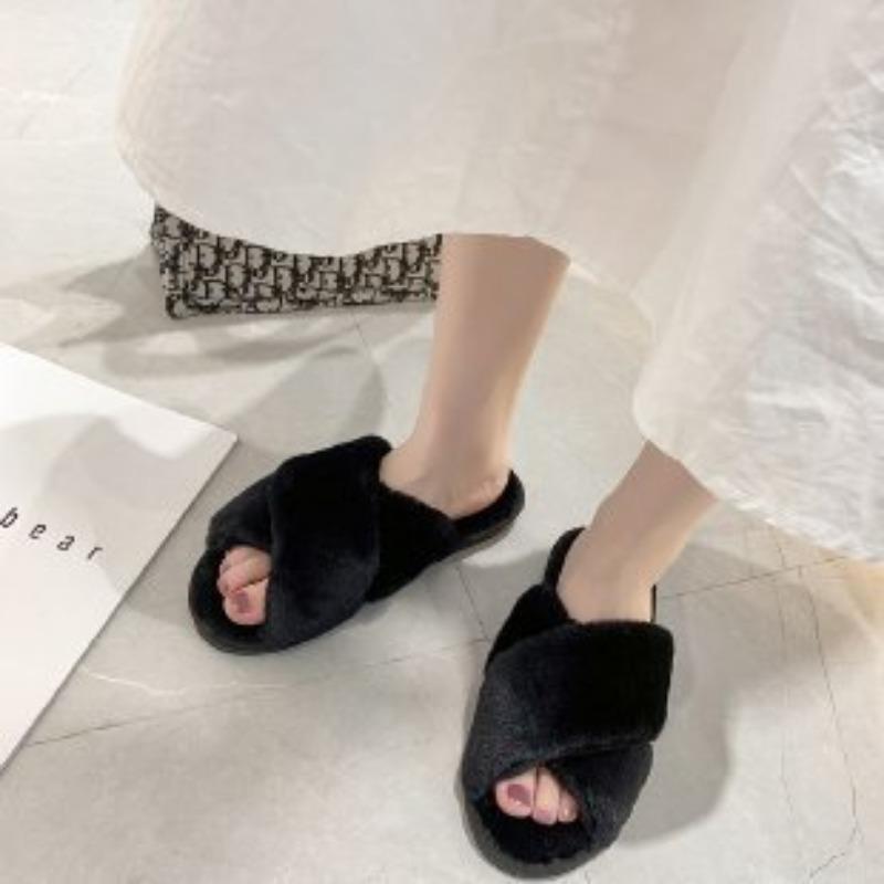 Large Size Fluffy Slippers Women's Autumn and Winter New Flat Bottom Home Indoor Cross Plush Cotton Mop