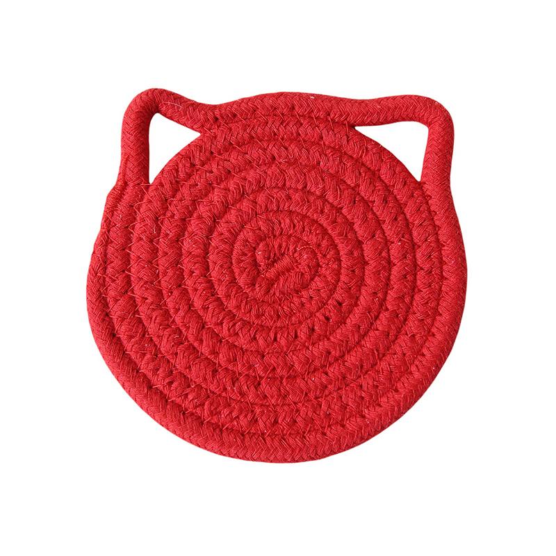 1Pc Cotton Rope Woven Insulation Pad Design Dining Table Tray Mat Insulation Pad Cartoon Cat Ear Shaped Solid Color Dining Table