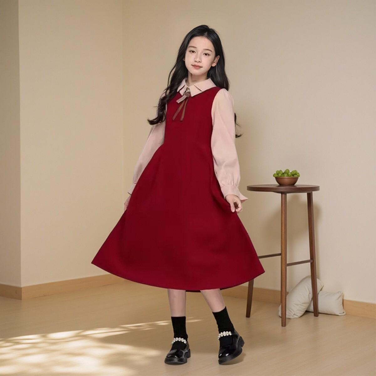 

Девочки, двухпредметное платье с цветными блоками, весна-осень 160cm красный