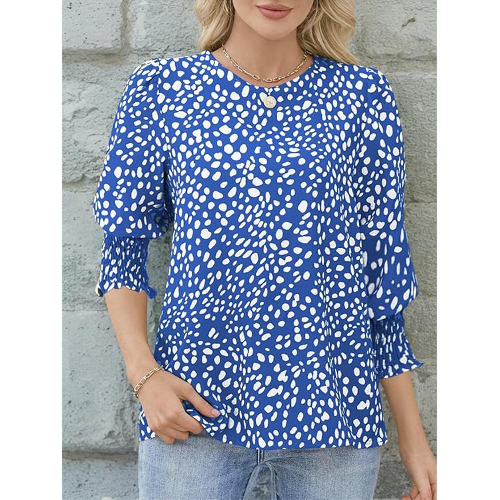 3/4 Sleeve Length Womens Tops Crewneck Loose Fit Polka Dot Blouses Dressy Casual Chiffon Shirts