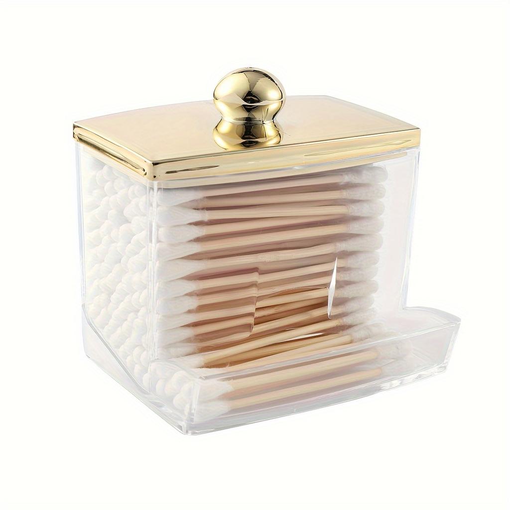 1/3 Qtips Bathroom Organizer with a Gold Lid, a 10 Oz. Ball Filler and a Clear Plastic Apothecary Jar for Cotton Swabs