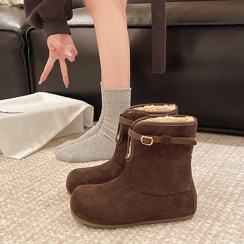 Women's Thick Bottom Short Belt Buckle Winter Lightweight Warm Fur One Plush Snow Boots Non-slip Wear Casual Sports Cotton Boots