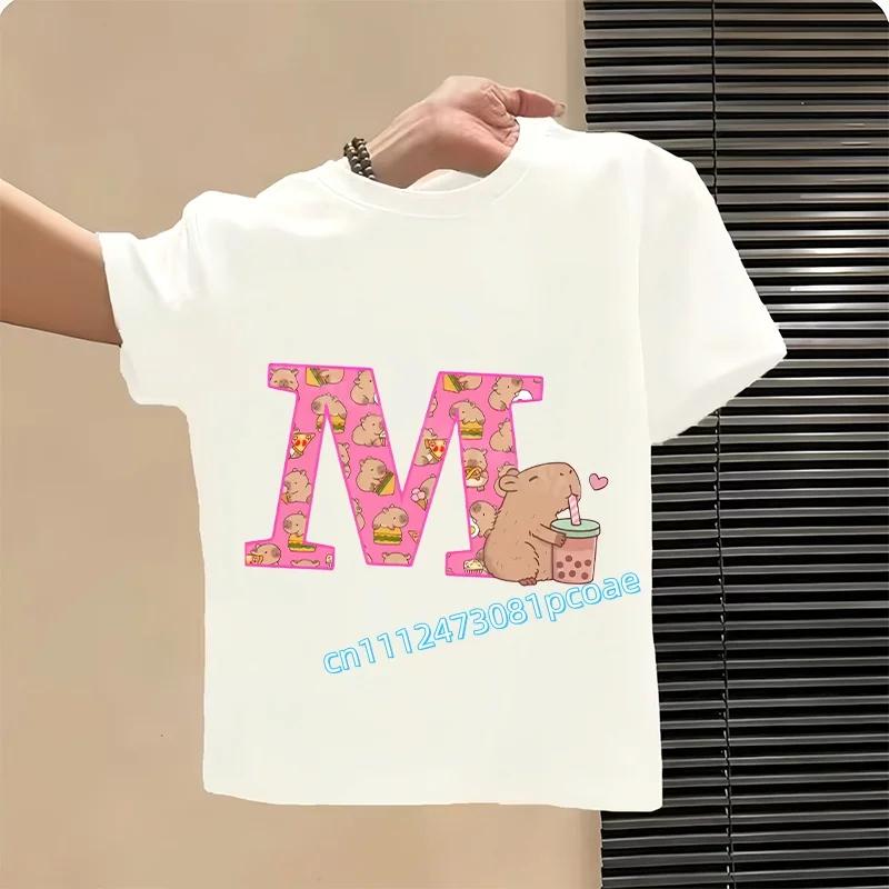 Capibara Cute T-shirt Kids Anime Capybara Letter A-Z Tees Girls Summer Short Sleeve Polyester Tops Children Clothes Gift Hot Sales