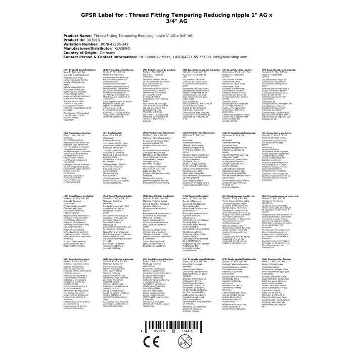 Mamelon de Réduction en Fonte Malléable, Raccord Fileté 1" x 3/4" Galvanisé