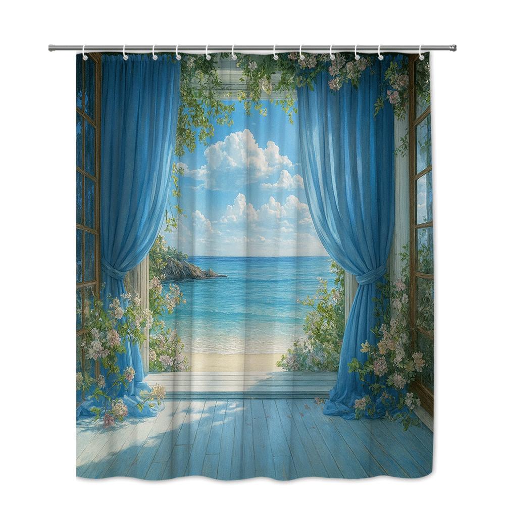 Ocean View Window Shower Curtain Blue Curtains And Flowering Vines Beach Scene Coastal Bathroom Decor Waterproof Non-Toxic