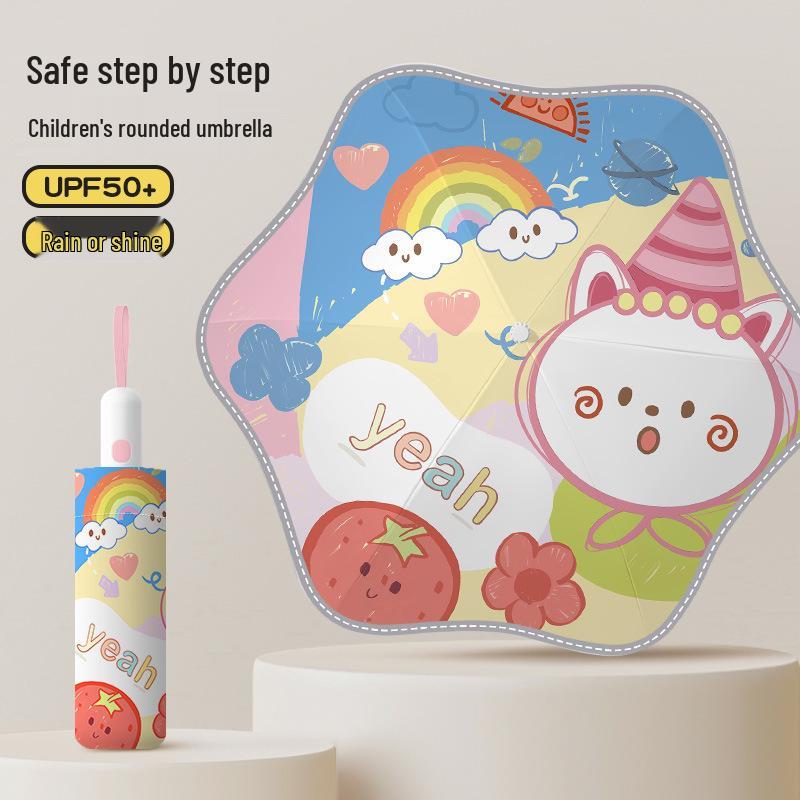 Children's Automatic Rounded Corner Umbrella with Anti-Rebound, UV Protection, Reflective Strips for All-Weather