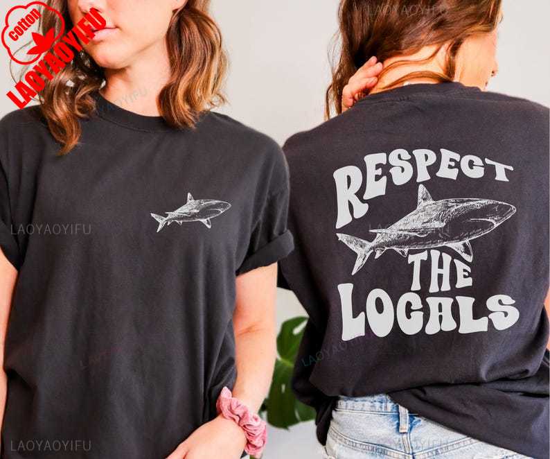 Respect The Locals Shark Tee Summer Surfing Aesthetic Shirt Breathable Camisetas Fashionable and Casual Combed Cotton