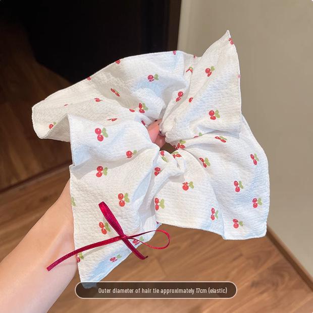 Korean Sweet Cherry Plaid Scarf Hair Tie for Women - Forest Style Scrunchie with Heart Pattern