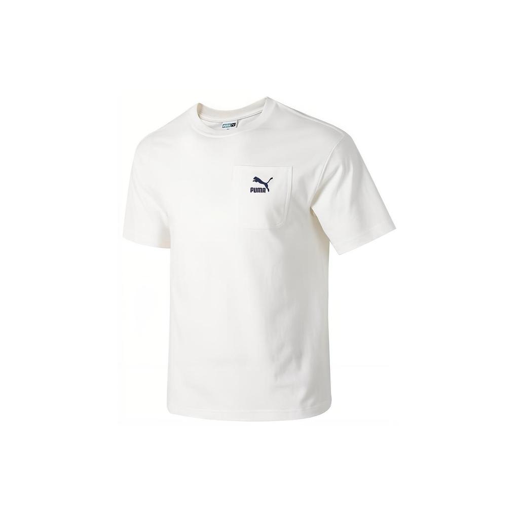 Puma Logo Pocket Design Loose Casual Sports Crew Neck Short Sleeve SS24 Drop Shoulder T-Shirt Men Tops White 626858-65