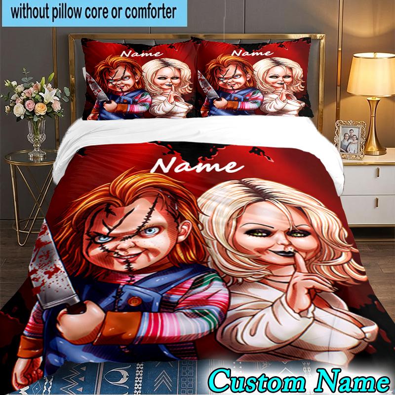 3PCS Custom Name Chucky Bedding Set Printed Duvet Cover Closure Includes 1 Duvet Cover & 2 Pillowcases for All Seasons Bedroom Decor