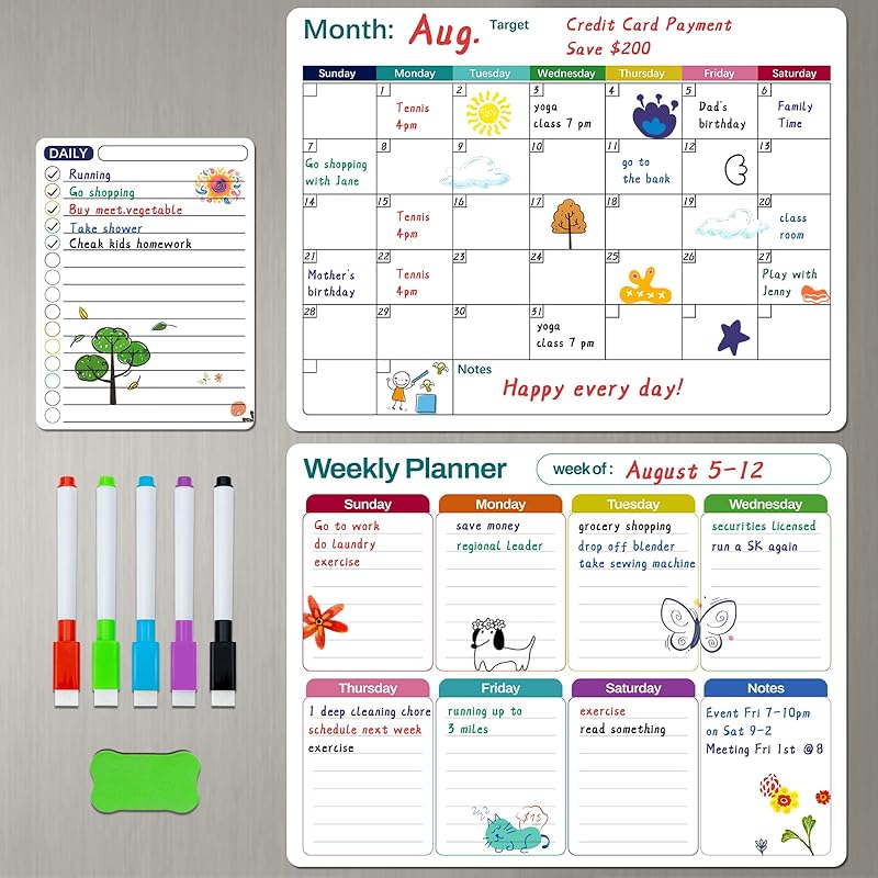 Magnetic Dry Erase Fridge Calendar Whiteboard Set,3 Pack 14.6" x 11" Reble Refrigerator Calendar for Fridge & Wall-Monthly, Weekly,Daily Planners