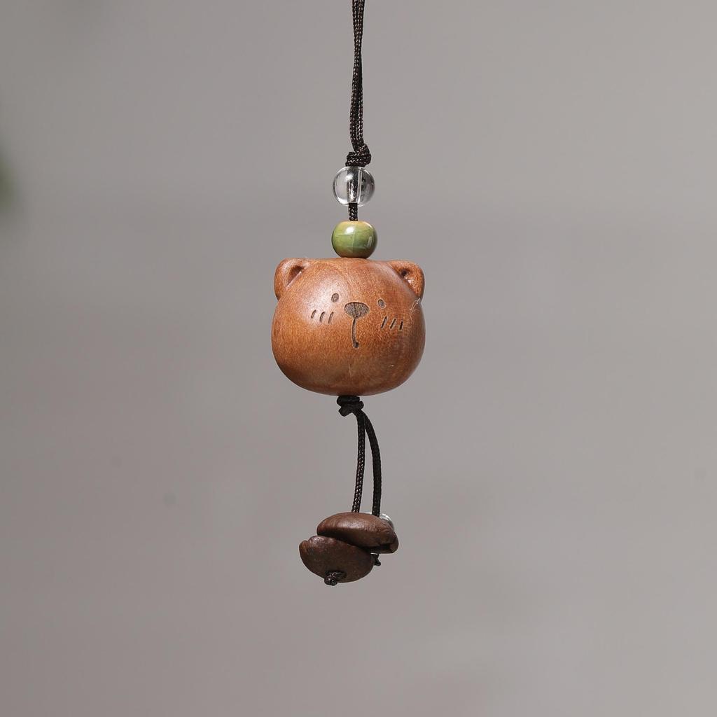 Peach Wood Coffee Bean Bear Pendant Keychain & Necklace Accessory