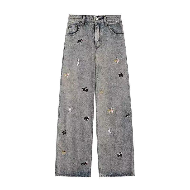 

Lemanism Мультяшные джинсы из денима с вышивкой щенка для мужчин - Весна 2025: Свободные прямые брюки, повседневный крой M синий