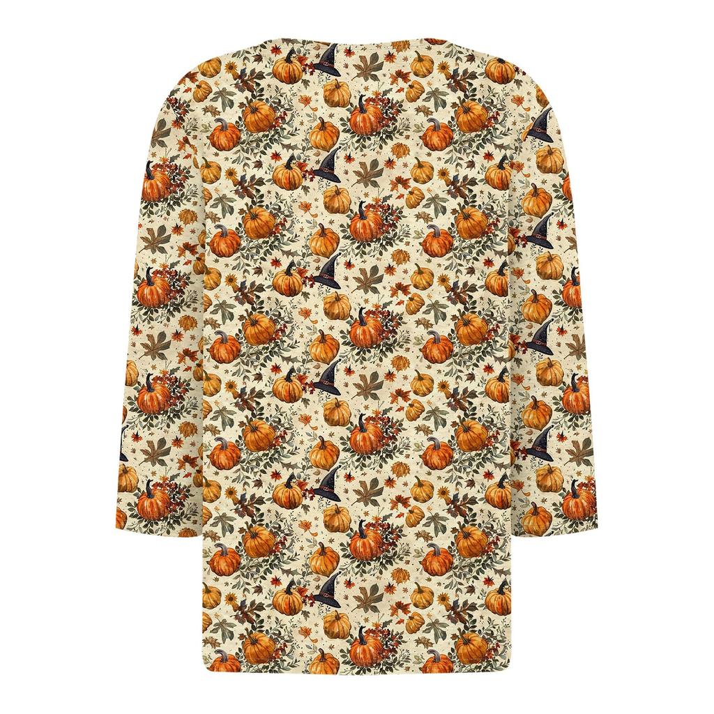 Damesmode Casual Halloween Print V-hals Korte Mouw Decoratieve Knop Driekwart Mouw T-shirt Top