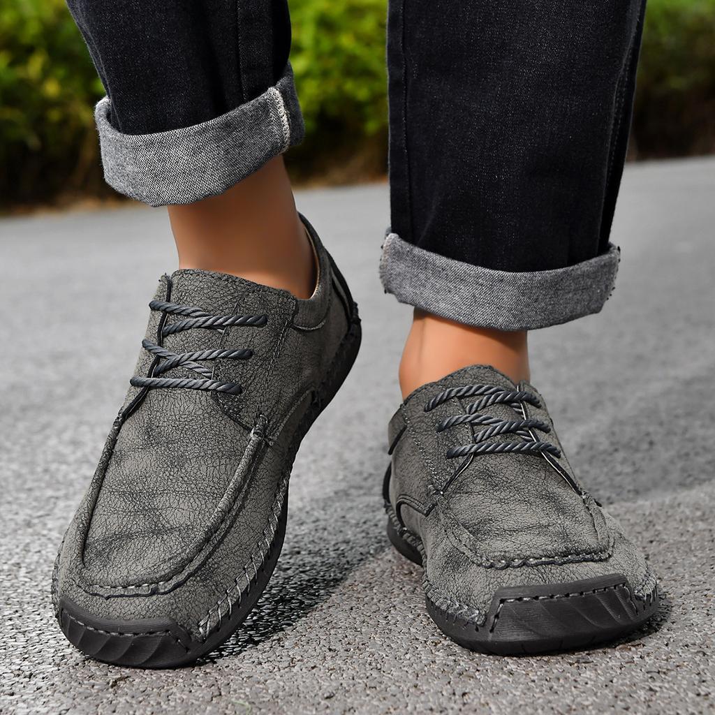 Men's Hand Stitched Casual Leather Shoes Vintage Lace Up Wide Toe Soft Sole Breathable Loafers British Style Driving Shoes