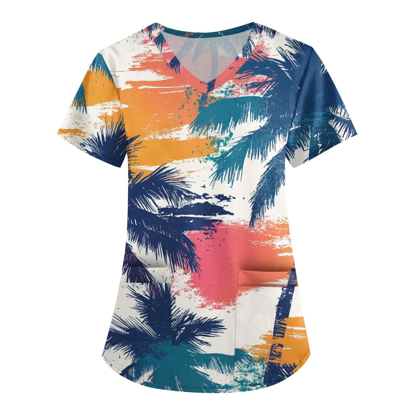 

Women s Fashion V-neck Short-sleeved Workwear With Pocket Hawaiian Print Top Carer Suit M синий