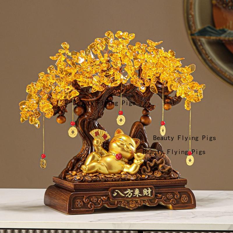 1pc Resin Wealth Cat Ornament Wealth Tree Ornament Home Decoration Resin Crafts Housewarming Gift Chinese Desktop Decoration