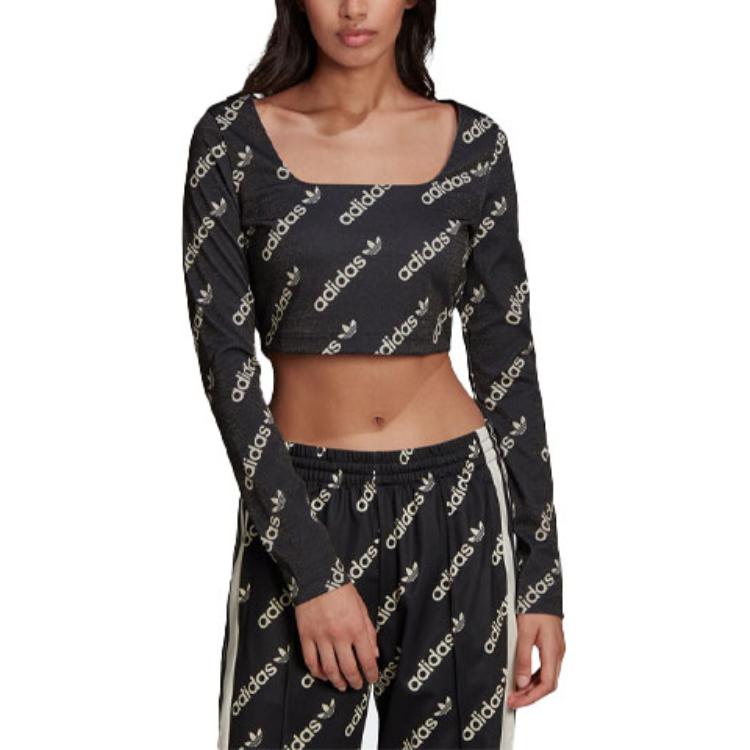 adidas Originals Trefoil Logo Letter Print Short Sleeve Sports Long Sleeve T-Shirt Women Tops Black HM4894