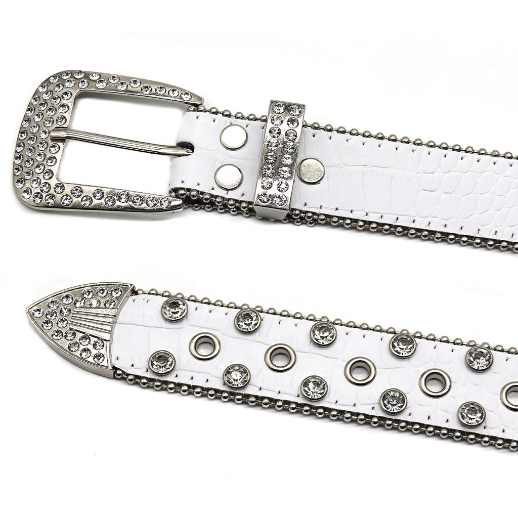 White PU Belt Inlaid With Full Diamond Skull Accessories Punk Fashion Trend Women's Loose Belt Diamond Belt