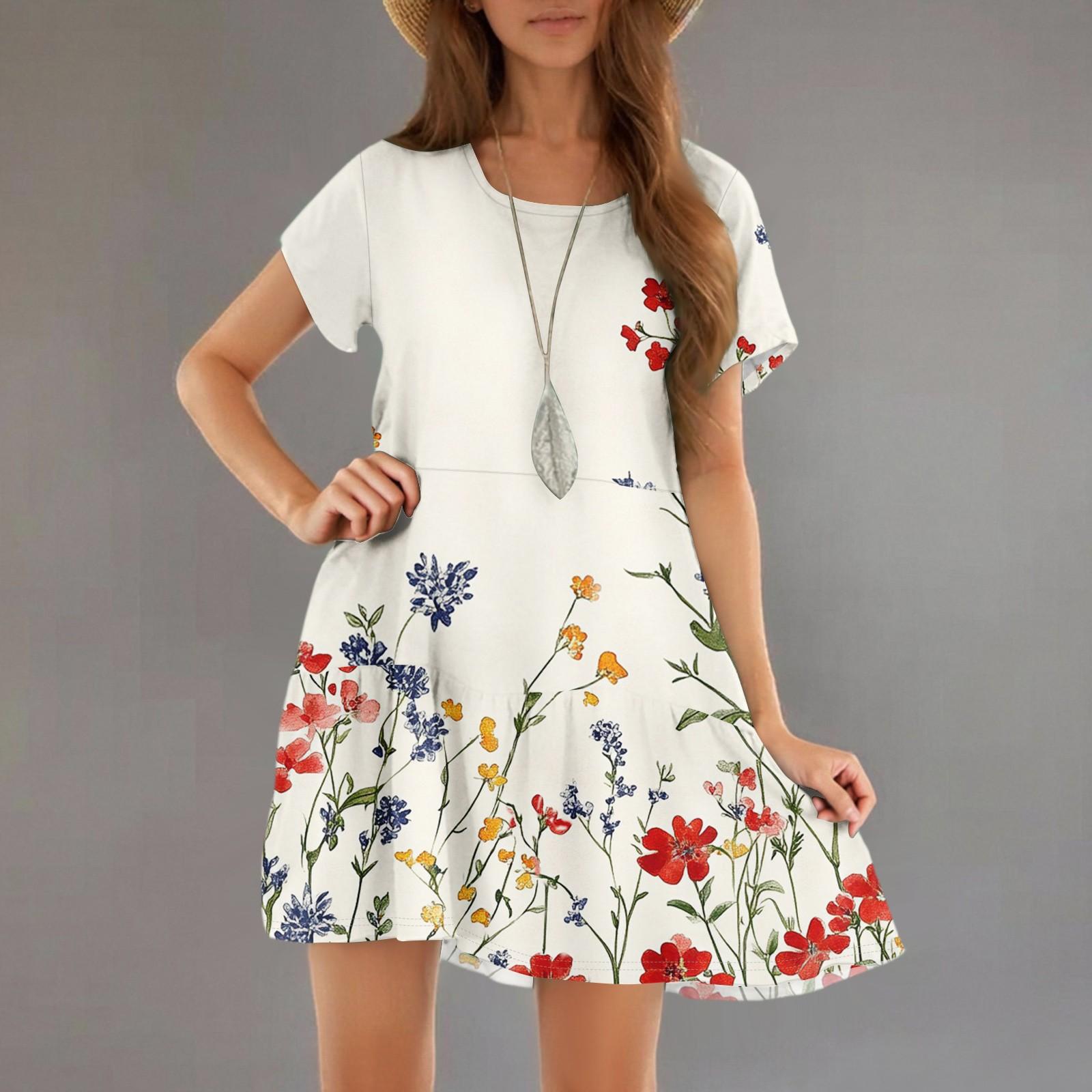 Women s Fashion Casual Round Neck Short Sleeve Ruffle Gradient Printed Dresses L бежевый