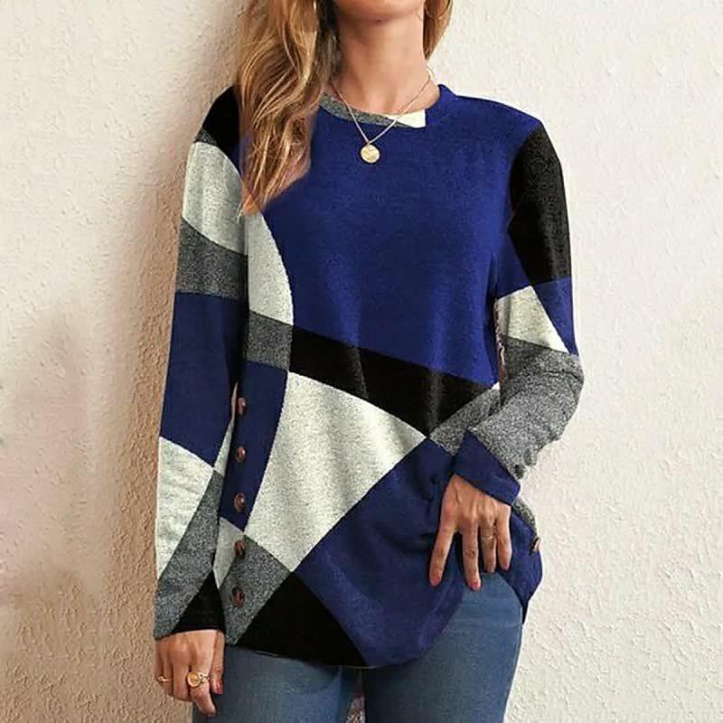 Button Up Geometric Clash Long Sleeve Print Loose T-shirt Women's Top