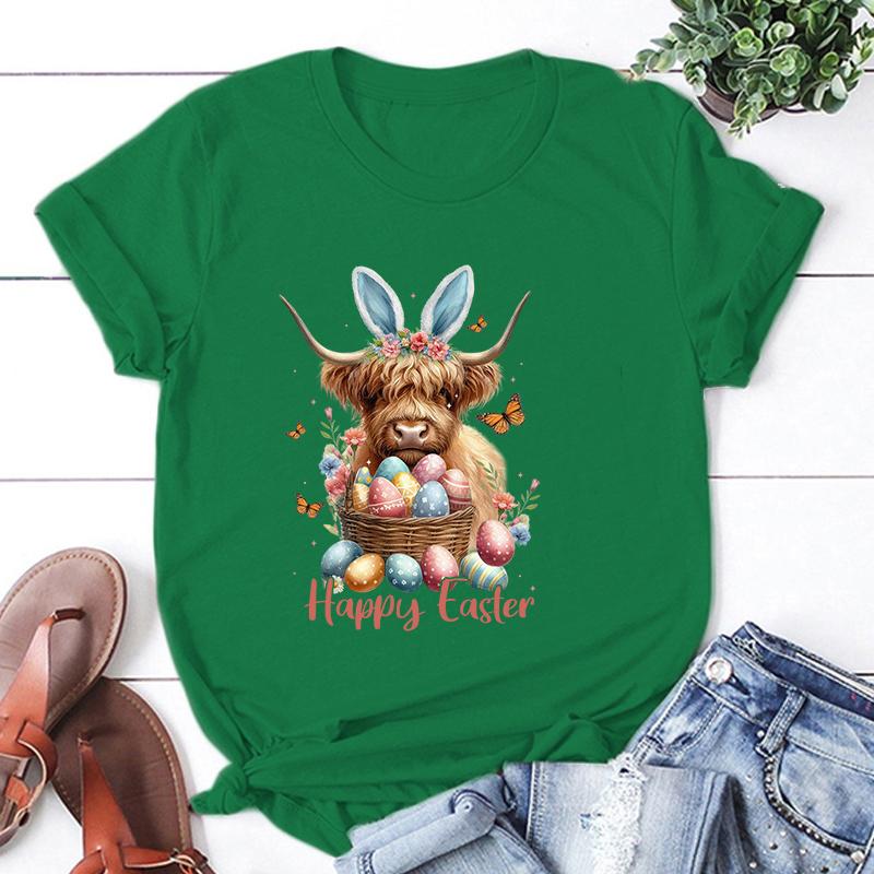 Hot Easter Day Unisex Short Sleeve Cow Happy Easter Print T Shirts Women Causal Harajuku Tops Funny T Shirt