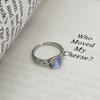 Blue & White Iridescent Moonstone Ring with Hammered Texture - Trendy Niche Design