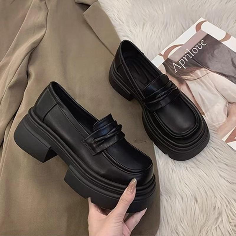 Platform Thick Heel British Style Small Leather Shoes Women's 2025 New Spring and Autumn One-pedal Women's Shoes Single Shoes Black Loafers