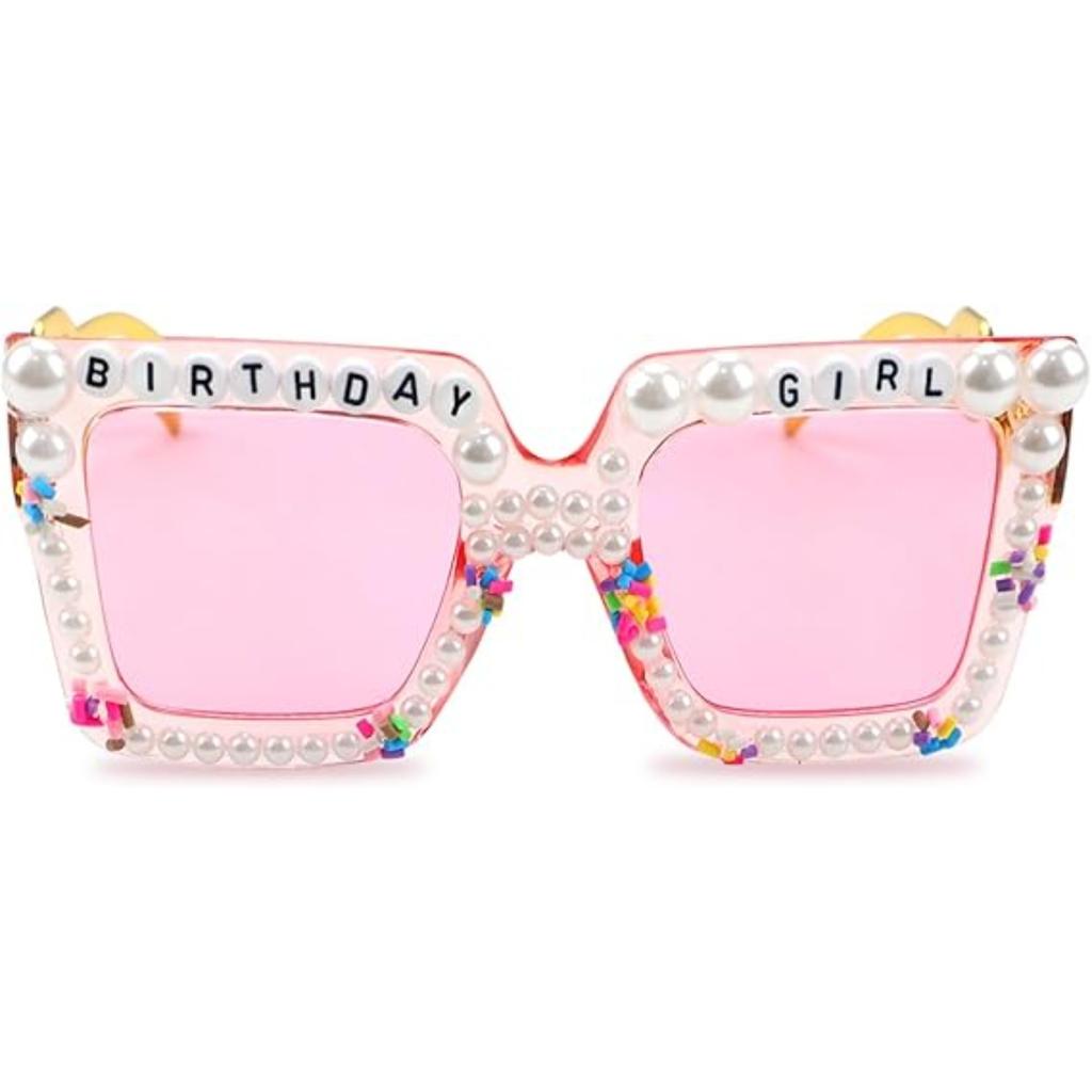 Happy Birthday Girl Sunglasses for Women and Girls, Square Cute Pink Party Glasses for Birthday Gift Accessories