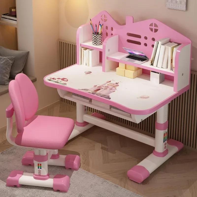 Kids Desk Chair Set Widened Desktop Multi Separation Cartoon Castle Adjustable Height Study Table with Drawer Chair Set Boy Girl