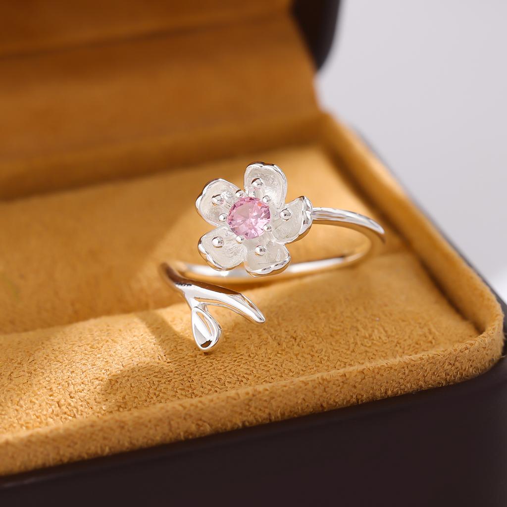 925 Silver Pink Crystal Flower Opening Ring for Women Fashion Jewelry R380