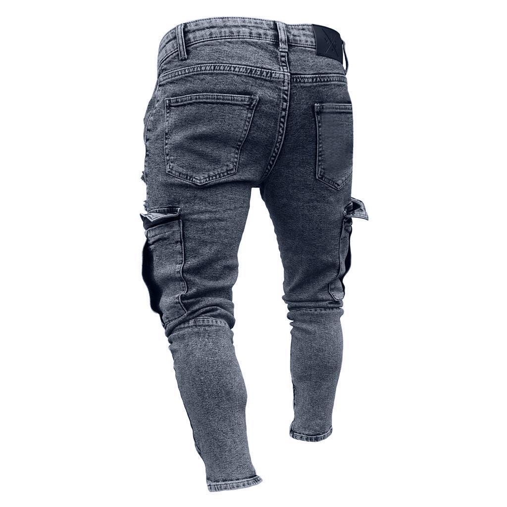 MakeWishes Denimi Men's Fashion Causal Pocket Zipper Slim Fit Shredded Denim Long Jeans Pants