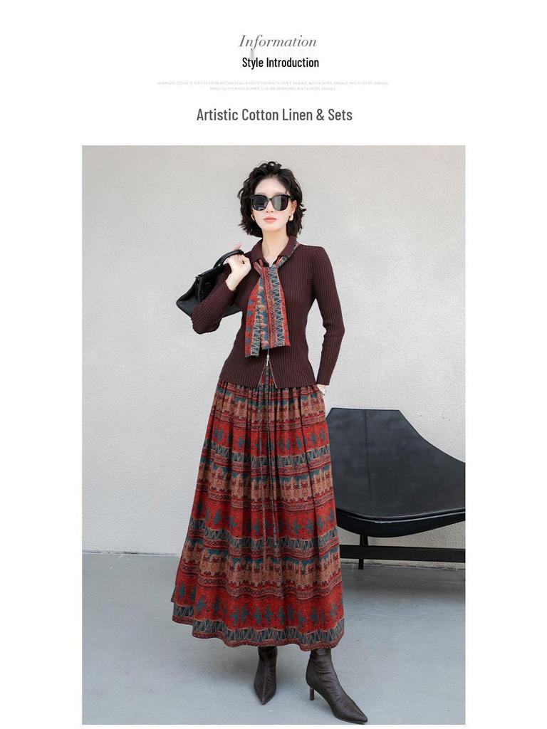 Bohemian Ethnic Print High Waist A-line Maxi Skirt for Women - Autumn 2026 Collection