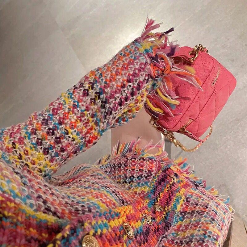 Autumn Rainbow Color Knitted Sweater Women Fashion V-Neck Tassel Decoration Cardigan Lady Retro Single-Breasted Casual Tops