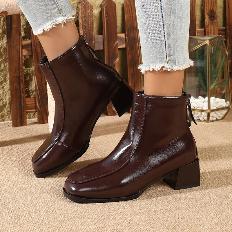Retro chunky heel square-toe ankle boots for women, slimming winter bestseller with fleece lining for warmth and work