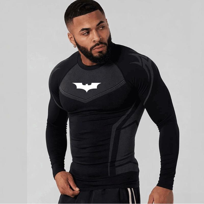 Men's Compression Long Sleeve Shirt Superhero Bat Print Workout Tops Breathable Quick Dry Athletic Base Layer for Gym Running Tr
