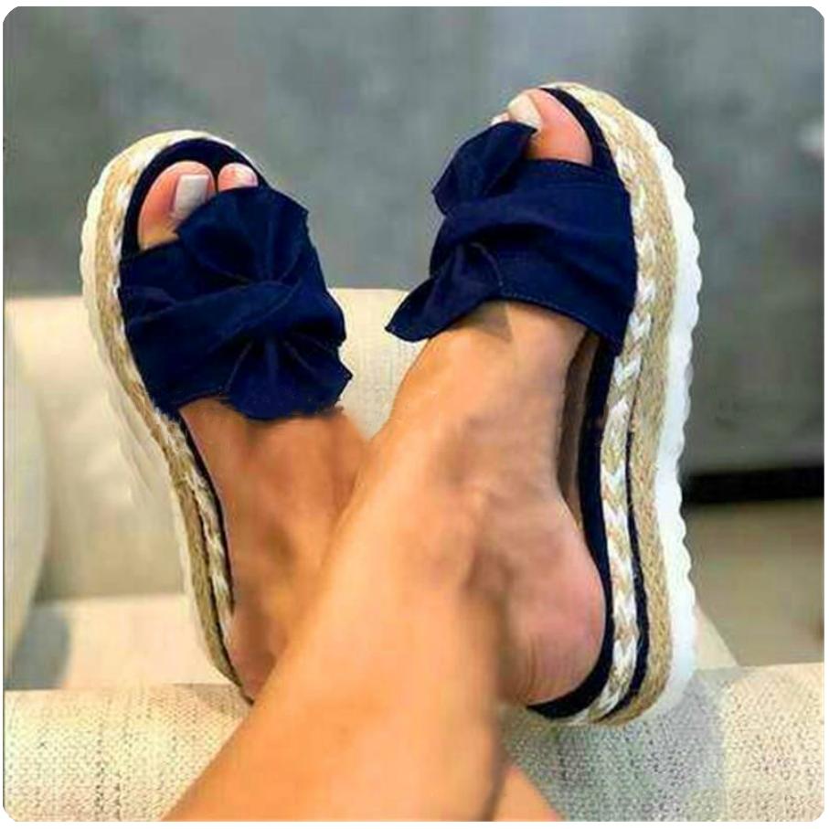 Summer Wedge-heeled Bow Sandals and Slippers Women's Beach Thick-soled Hemp Rope Large Size Slippers