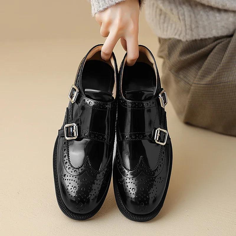 Fashion NEW Spring/Autumn Women Loafers Round Toe Chunky Heel Shoes Shoes for Women Belt Buckle Women Pumps Brogue Shoes Genuine Leather